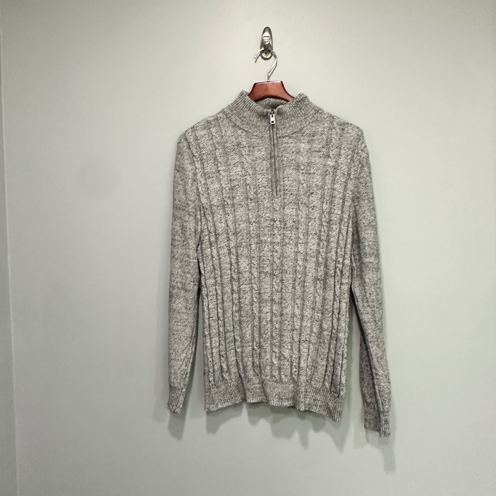 Fairlane Mens Sweater Size L Gray Quarter Zip Long Sleeve Cable Knit Pullover